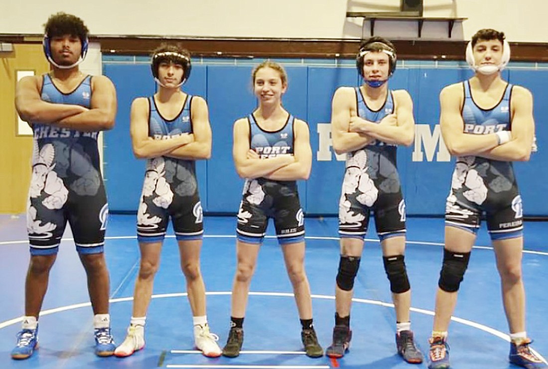 The five Rams Sectional Wrestling Championship qualifiers, from left: Jaden Barbour, Erik Coyt, Laila Builes, Eduar Polanco and Nicholas Pereira.