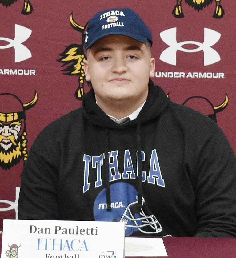 Rye Brook’s Dan Pauletti on signing day at Iona Prep on Feb. 7 where he committed to play football for Ithaca College starting in the fall.