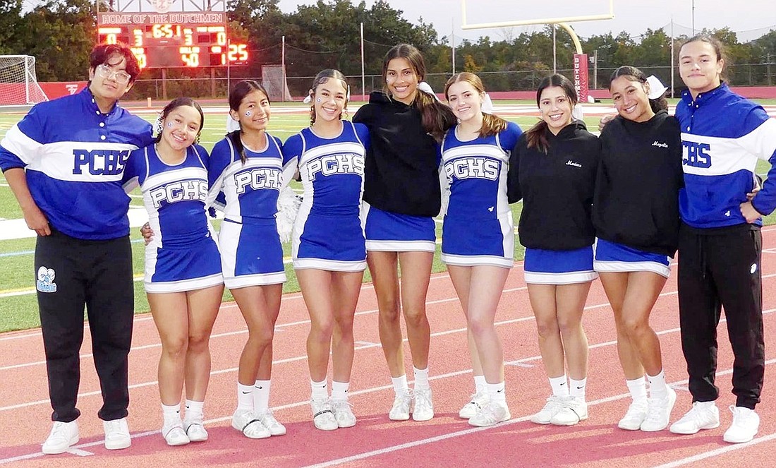 The nine graduating seniors on the Port Chester High School varsity cheerleading team who must be replaced include, from left: Christian Flores, Valeryn Dera, Angela Esquival, Olivia Tejeda, captain Allison Recinos, captain Allegra Burke, Mariana Gamez, captain Mayelin Gonzalez and Adrian Osorio.