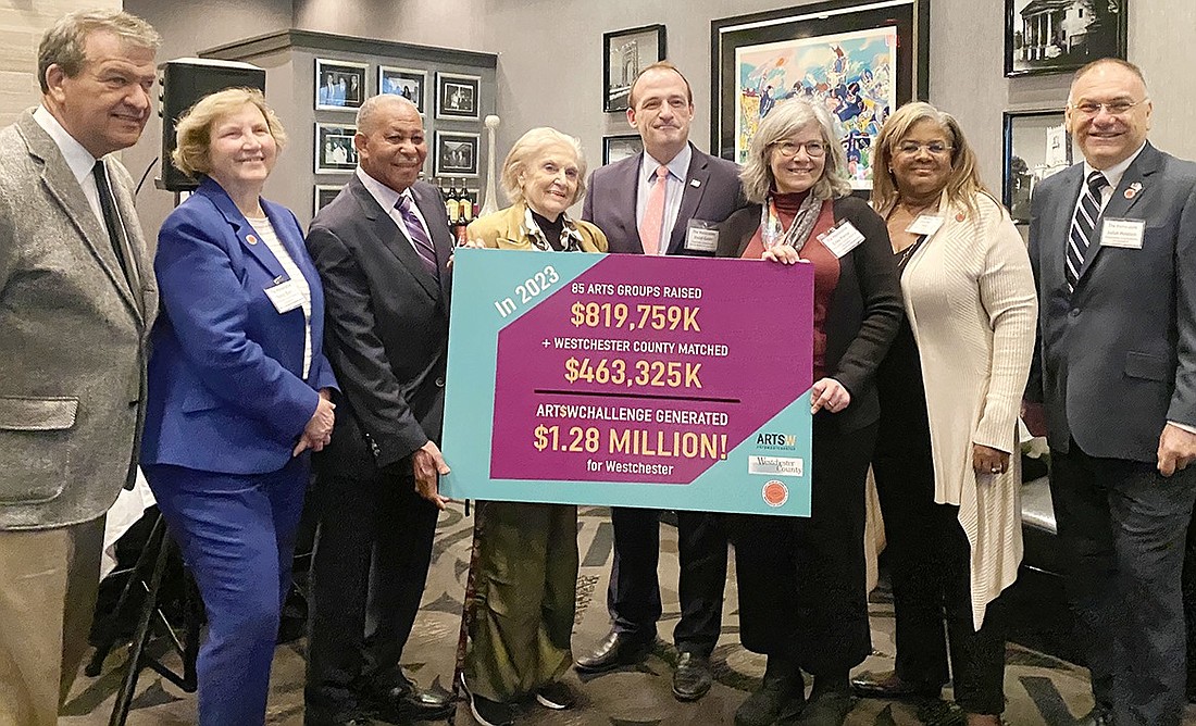 Westchester County Executive George Latimer, left, with members of the Westchester County Board of Legislators and ArtsWestchester CEO Janet Langsam. (Photo courtesy of ArtsWestchester)