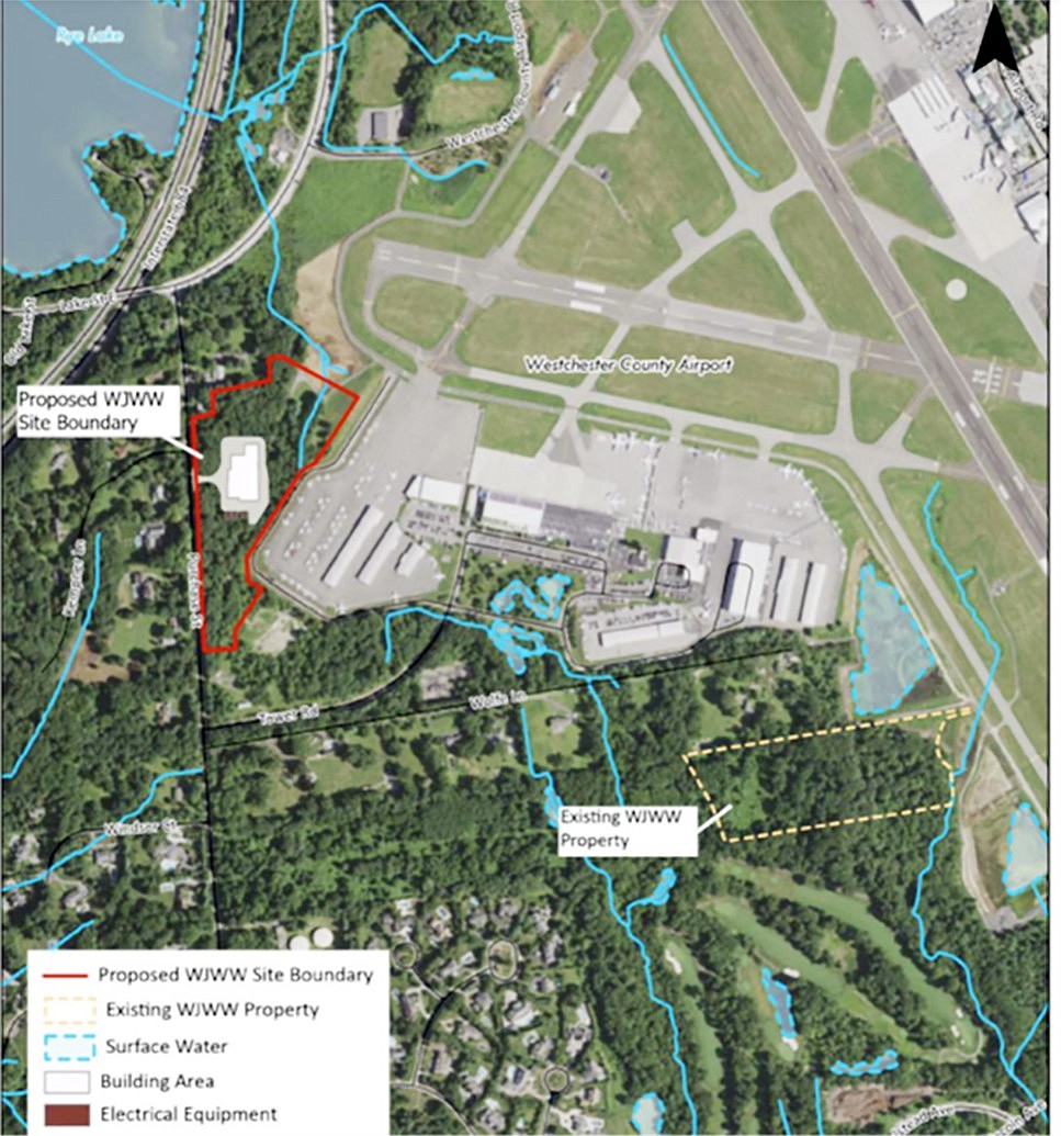 Map showing proposed site of Westchester Joint Water Works water filtration plant at left and existing property owned by WJWW at right.