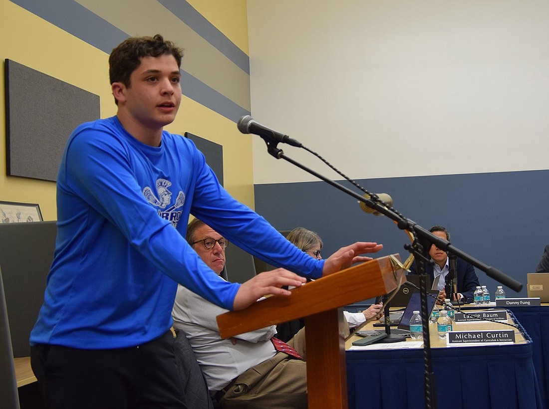 Ethan Leland, a senior at Blind Brook High School and captain of the varsity lacrosse team, airs his frustrations regarding the shutdown of the sports fields at his school during a special Board of Education meeting on Monday, Mar. 18 in the school library. There, the school board publicly disclosed their multi-million-dollar plan to renovate the district’s sporting facilities.
