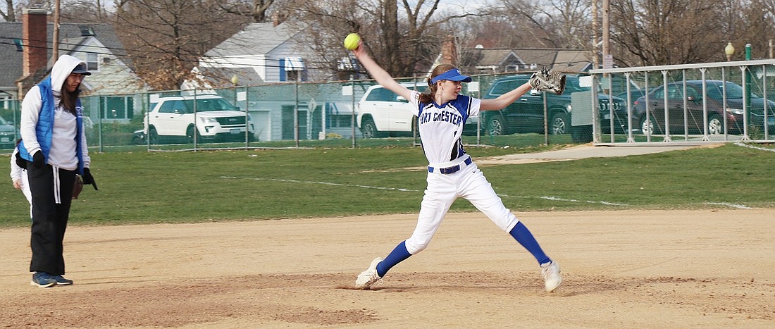 Senior Kathleen Scarola was the starting pitcher in this week’s scrimmage against Blind Brook. She and sophomore Melina Morban are the Lady Rams’ only two pitchers.