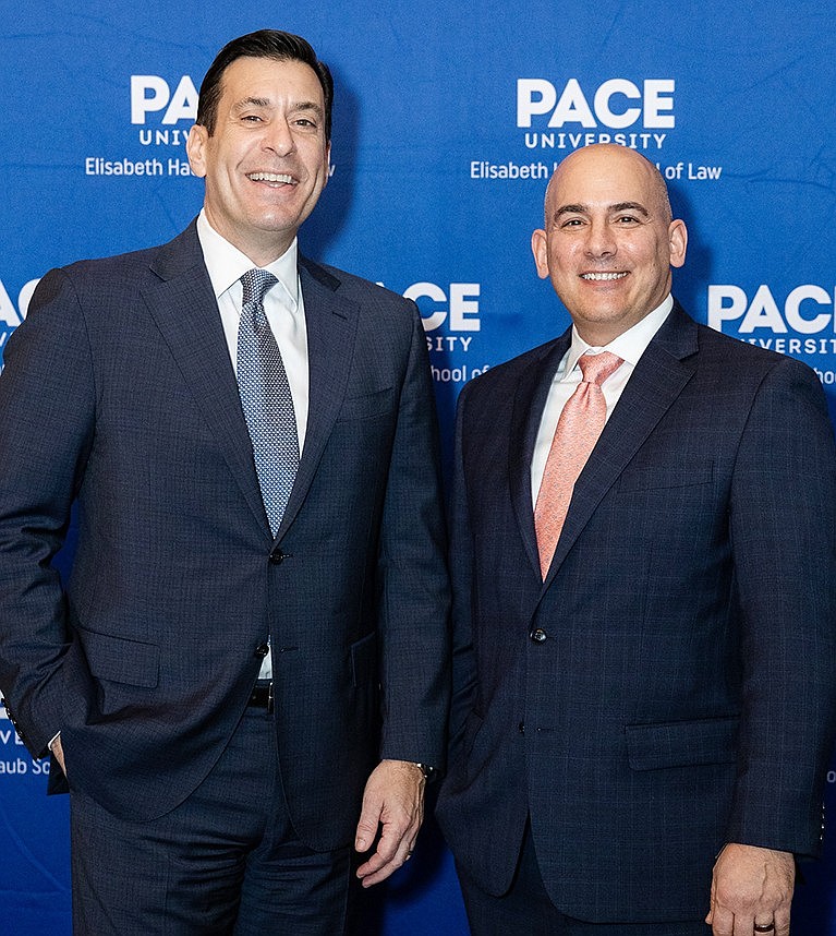 Chris Fisher, left, partner at Cuddy & Feder LLP, presented Anthony B. Gioffre III (right) with the Distinguished Service Award at Pace University Law School’s 29th Annual Leadership Awards Dinner at Westchester Country Club on Mar. 14.
