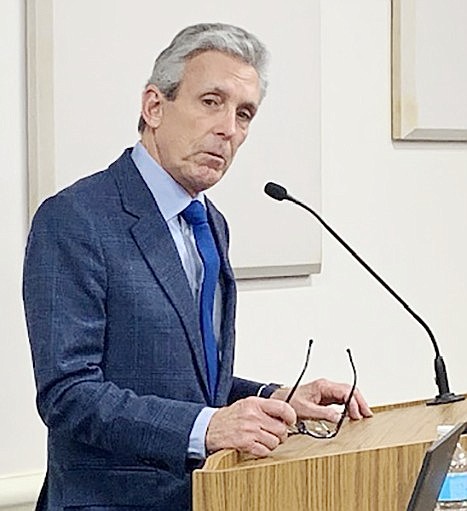 Charles Cohen speaks before the Rye Brook Board of Trustees on Dec. 12, 2023 when he and his attorney presented a sketch plan for the former Doral Arrowwood site on Anderson Hill Road.