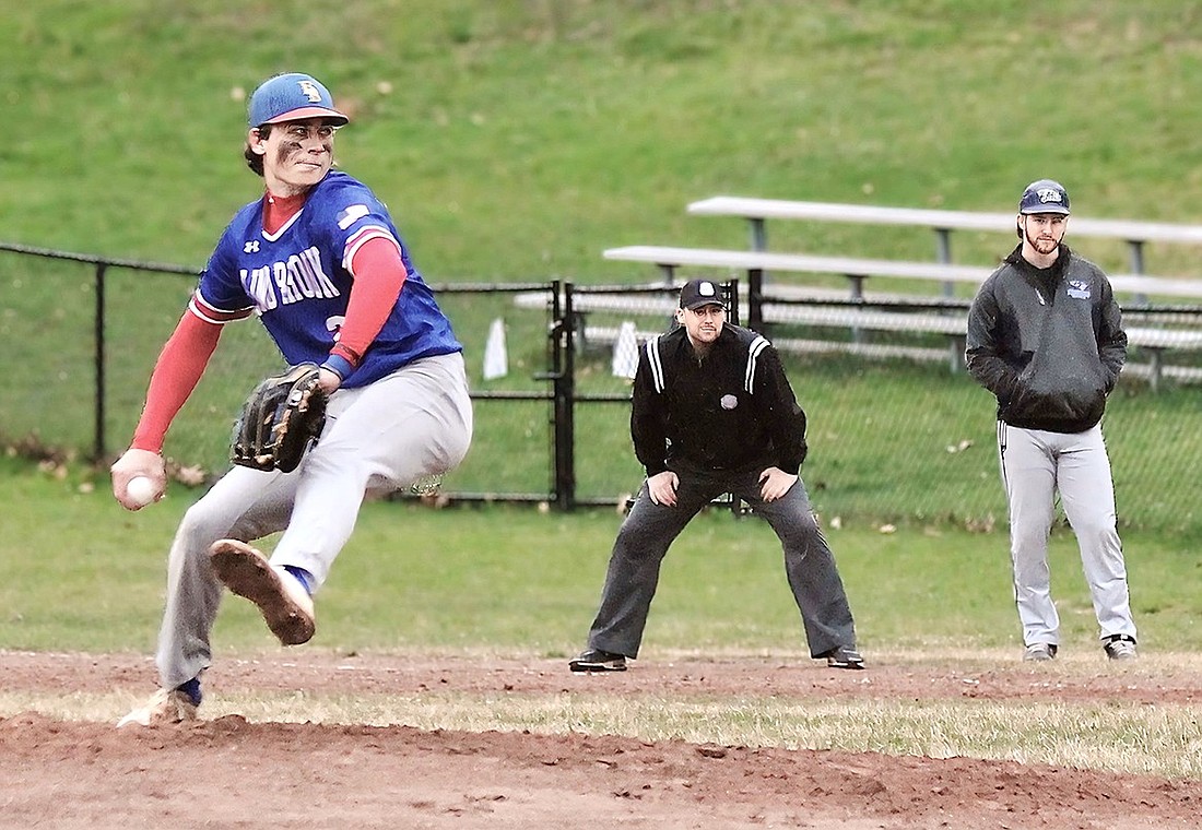 Senior ace Andrew Rogovic pitches and strikes out an opposing player in Blind Brook’s first home game of the season against Putnam Valley on Monday, Apr. 1. He pitched 5 1/3 innings, only allowing one hit and striking out 11.