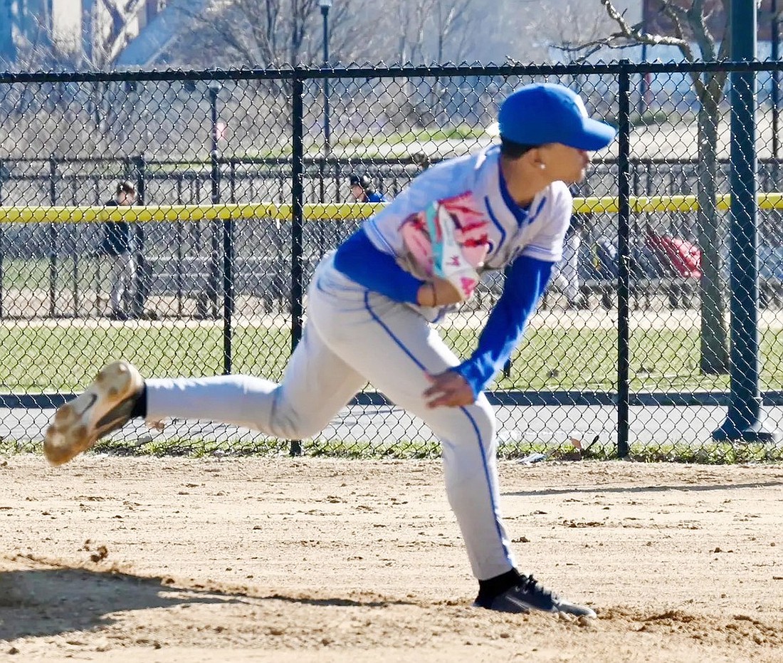 Junior pitching ace Jordany German struck out 18 of 21 batters and didn’t allow a base hit until there were two outs in the last inning in the Port Chester Rams’ home opener against Roosevelt on Monday, Apr. 1—April Fools’ Day.