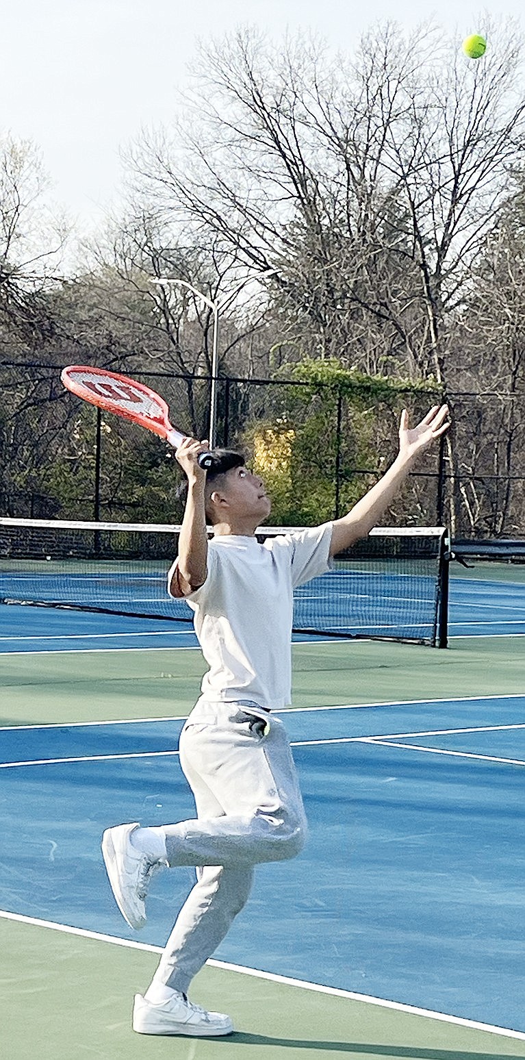 Christian Yupangui returns a ball in the Port Chester Rams’ tennis match against Mount Vernon away Tuesday (4/9). He was the team’s number one singles player last year and is destined to fill that role again this year.