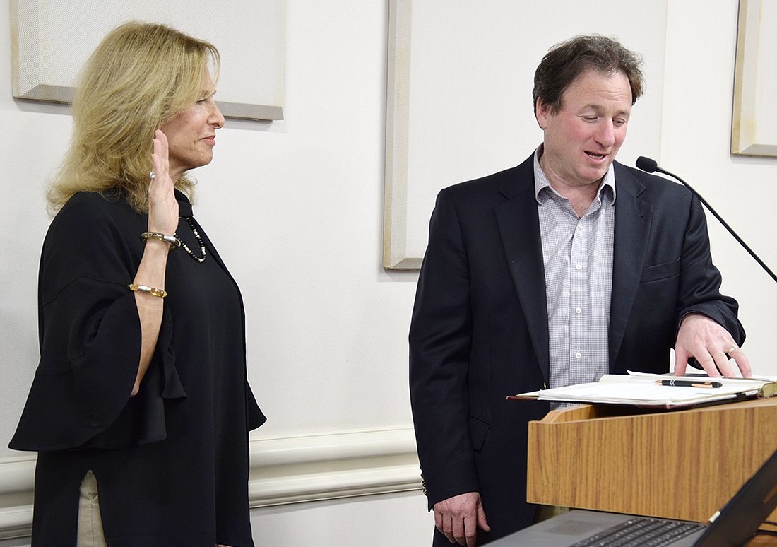 Susan Epstein is sworn in by Mayor Jason Klein for her fourth three-year term as Rye Brook trustee on Tuesday, Apr. 9. Her term of office began on Apr. 1.