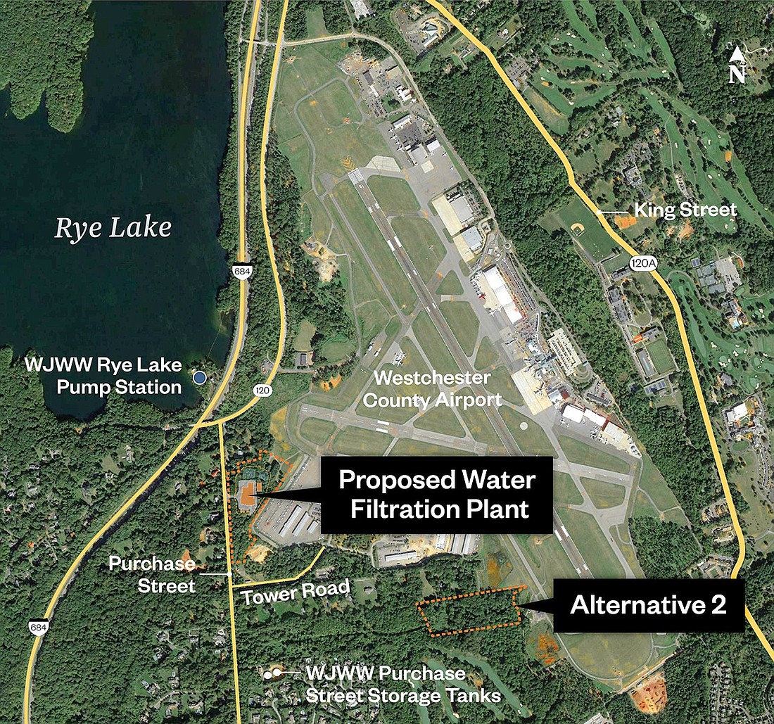 This aerial view from Westchester Joint Water Works shows their ideal land swap location for their water filtration plant on Purchase Street which was approved by the Westchester County Board of Legislators Monday evening, Apr. 8. The alternate site owned by WJWW was swapped with this one and the County Board agreed never to develop it.