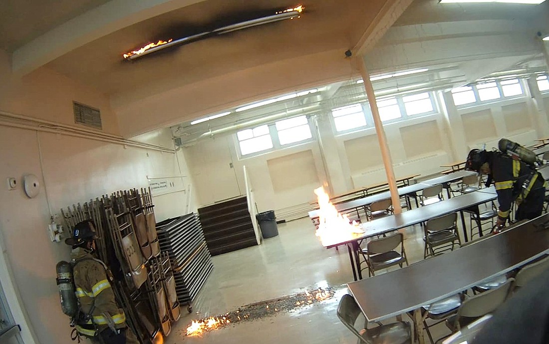 A still from a firefighter’s body camera as they encountered the fire in the Corpus Christi-Holy Rosary School on Wednesday, Apr. 10. It was one of the three working fires the Port Chester Fire Department has battled in the past week.