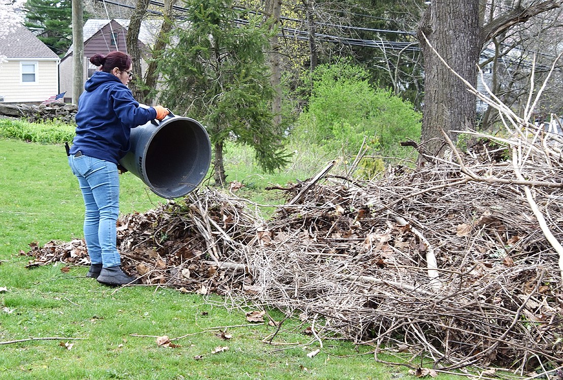 Candy Mejia of Lincoln Avenue dumps brush and bramble that was cleared to make way for the tiny forest at the entrance to Crawford Park that will eventually contain river birch and a peaceful pathway in memory of Ashley Welde and Anthony Baxter, who both died during the past year.