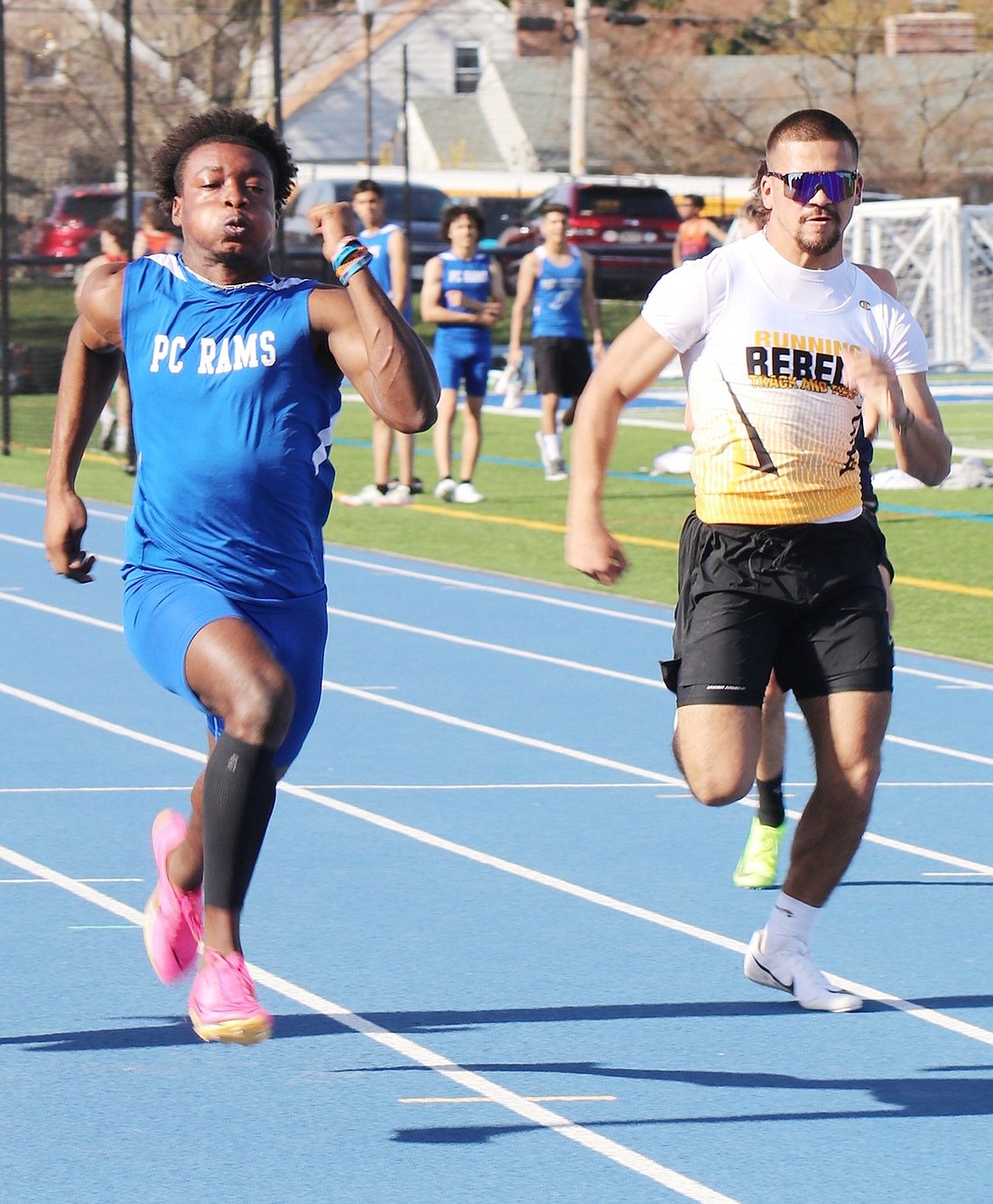 Junior Marc Adens Dorsainvil, here running the 100 meters in the Port Chester home track meet on Tuesday, Apr. 9 and placing first, was also part of the 4x200-meter relay at the Pirate Relays in Pearl River on Saturday, Apr. 6 and may be among those selected to participate in the Penn Relays at the University of Pennsylvania this weekend.