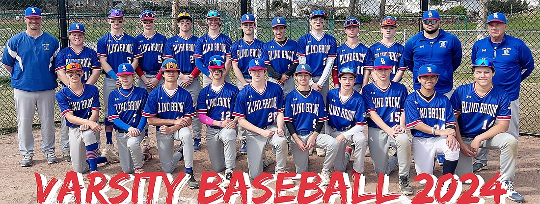 The 2024 Blind Brook varsity baseball team. Standing, from left: Coach Adam Massi, Nicholas Violino, Elliot Zwicker, Robbie Cuesta, Asher Toll, Andrew Rogovic, Zac Rosenblatt, Zachary Schneider, Jake Radwaner, Jake Messafi, Christopher Davis, assistant coach Robert Kiernan, assistant coach Jim Massi. Kneeling, from left: Jack Pastor, Bennett Cuesta, Julian Sauer, Daniel Glantz, Luke Scinto, Alex Schneider, Matthew Ebenstein, Charlie Zelman, Alejandro Pena, Devin Goldberg.