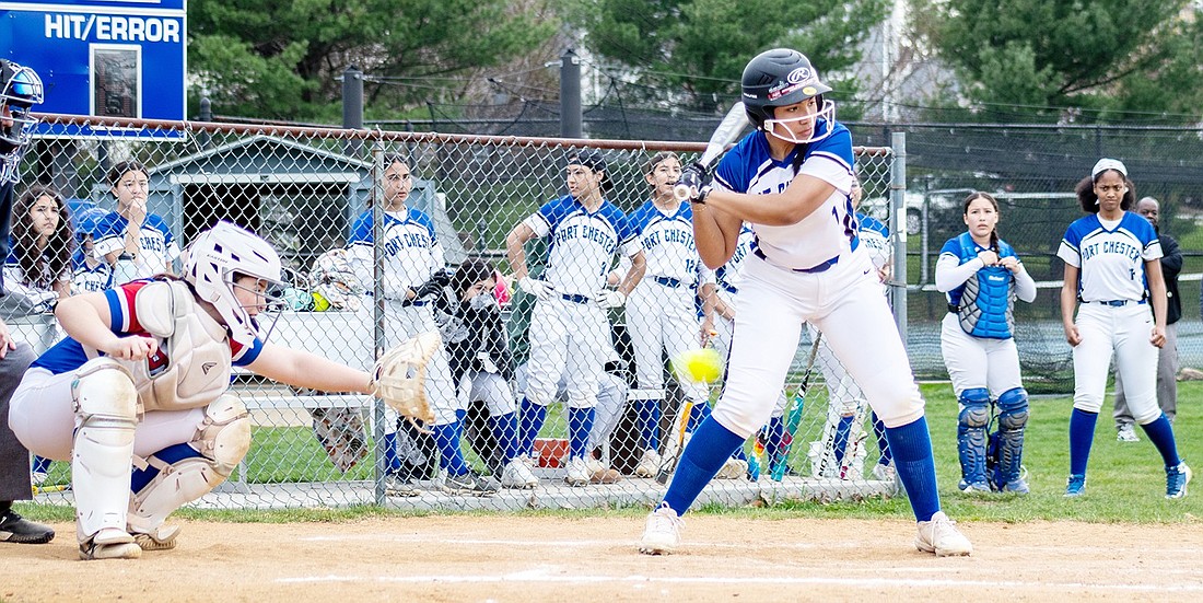 Isabella Rivera up at bat during the Lady Rams’ home game against Carmel on Apr. 10. Rivera walked during Port Chester’s away loss to Fox Lane on Tuesday, Apr. 16.