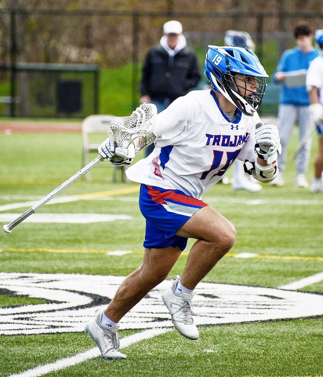 Senior Martin Otero hustles up the field looking for a scoring opportunity in Blind Brook’s Apr. 19 home game against Suffern. Otero has scored and assisted during the Trojans’ last three victories against Dobbs Ferry, Edgemont and Hastings.