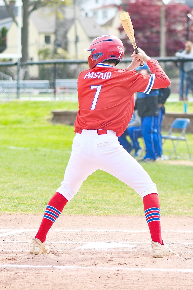 Blind Brook’s Jack Pastor loads and prepares to hit in last Saturday’s (4/27) first game of Port Chester’s Anthony Foust Tournament at Rec Park against Sleepy Hollow. The Trojans won that game, advancing to the championship at Port Chester High School later that day where they lost to Port Chester.