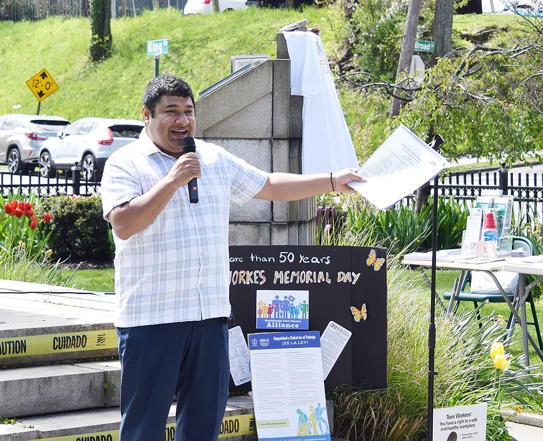 Community organizer Gonzalo Cruz, of Poningo Street, animatedly speaks on labor rights at the Workers Memorial Day Commemoration on Thursday, Apr. 25 at Summerfield Park. The event, organized by the Sustainable Port Chester Alliance, served to educate local workers on their rights and push government representatives for improvements.