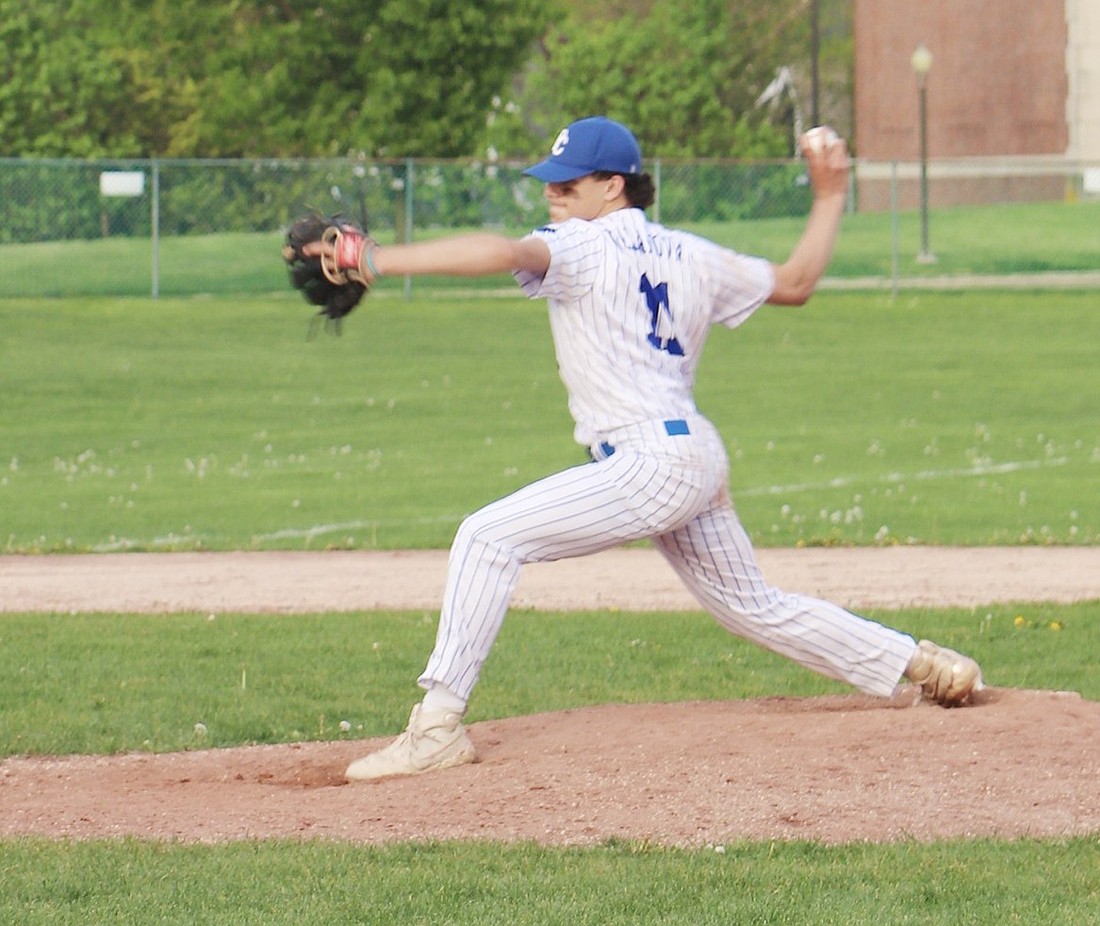 Billy Villanova pitches the last four innings of Port Chester’s home game against Ossining on Apr. 30, Senior Day.