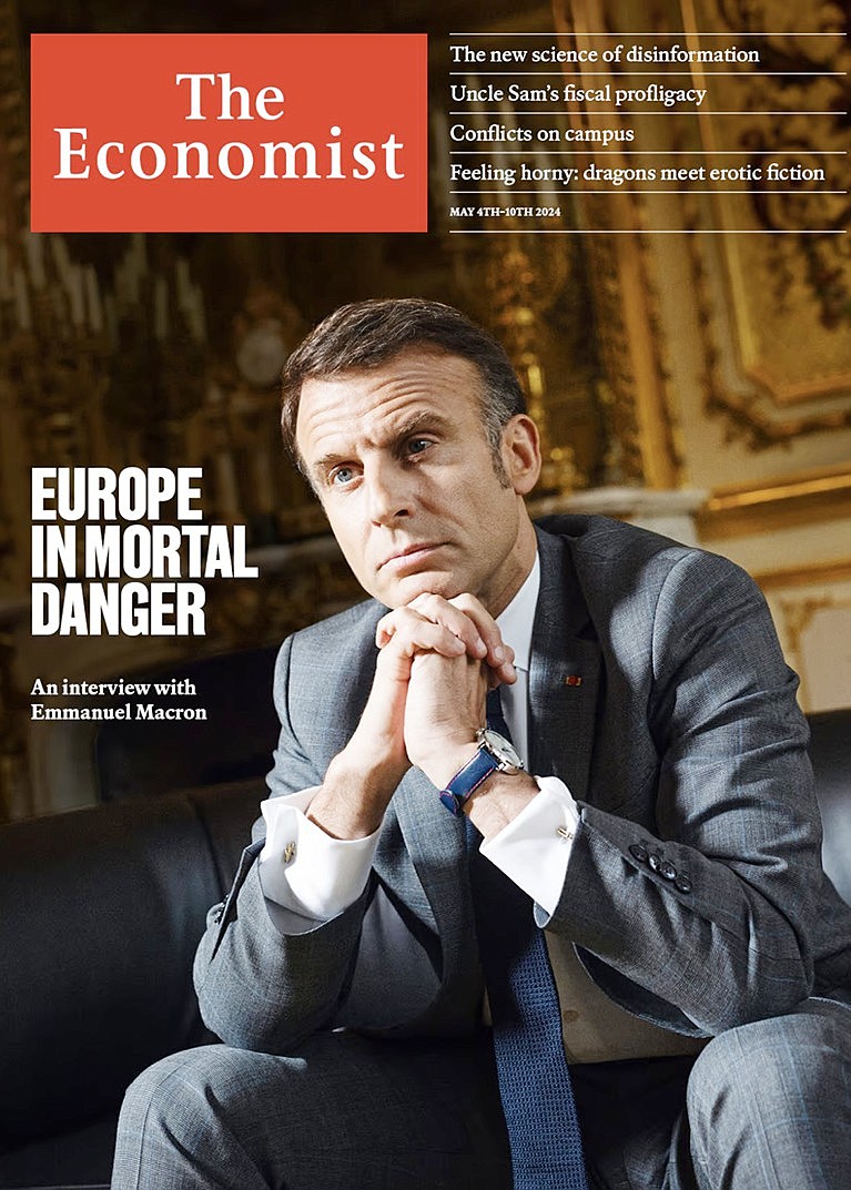 French President Emmanuel Macron on the cover of last week's Economist magazine, warning in an interview that Europe is in "mortal danger."