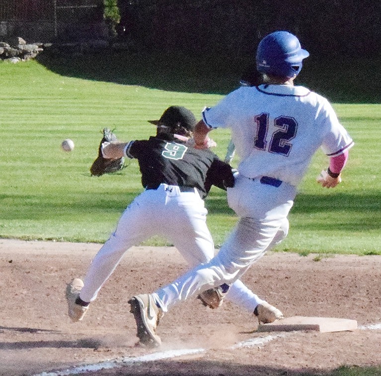 Will Daniel Glantz (#12) tag first base in time? The Blind Brook freshman was out in the Trojans’ close game against Pleasantville on Tuesday, May 7 at Rec Field in Port Chester. Blind Brook beat the Panthers 1-0 to clinch a spot in the playoffs.