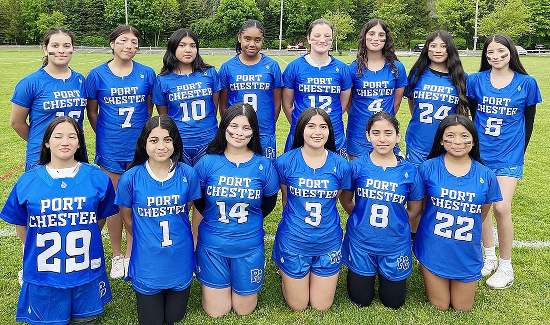 The 2024 Port Chester Middle School modified girls’ lacrosse team. Back row, from left: Andrea Cortez, Keyla Guayllasaca, Jennifer Guayllazaca, Paulette Santos, McKayla McLoughlin, Olivia Pauletti, Michelle Vallejo, Geraldine Valdovinos. Front row, from left: Ashly Membreno, Evolett Carias, Abigail Sopon, Alexandra Alacron, Anaeli Leveron, Devora Garacia.