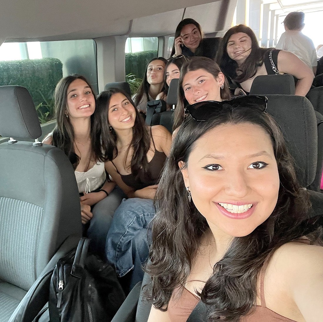 Members of the Distributive Education Clubs of America (DECA) Club pose for a selfie during their trip to Anaheim, Calif. for the International Career Development Conference in March. From back left: Abby Goldstein, Hailey Mallah, Kayleigh Curran, Stella DiStasio. Middle row: Emory Cohen, Mia Fishkind, Brooke Cohen. Front: Charlotte Zelin. The club competes with others from around the world in simulated business situations, testing their ability to think on the fly and presentation skills.