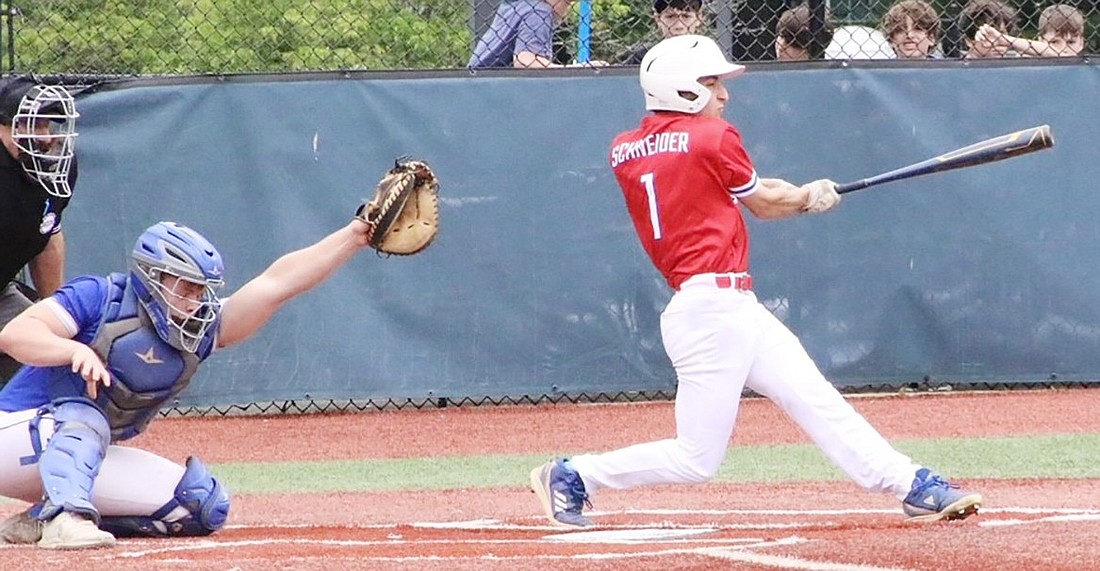 Senior Zach Schneider got two hits in Blind Brook’s first playoff game away at Dobbs Ferry High School on Saturday, May 18, but it was not enough. The Trojans lost the game 2-0 to the Eagles.
