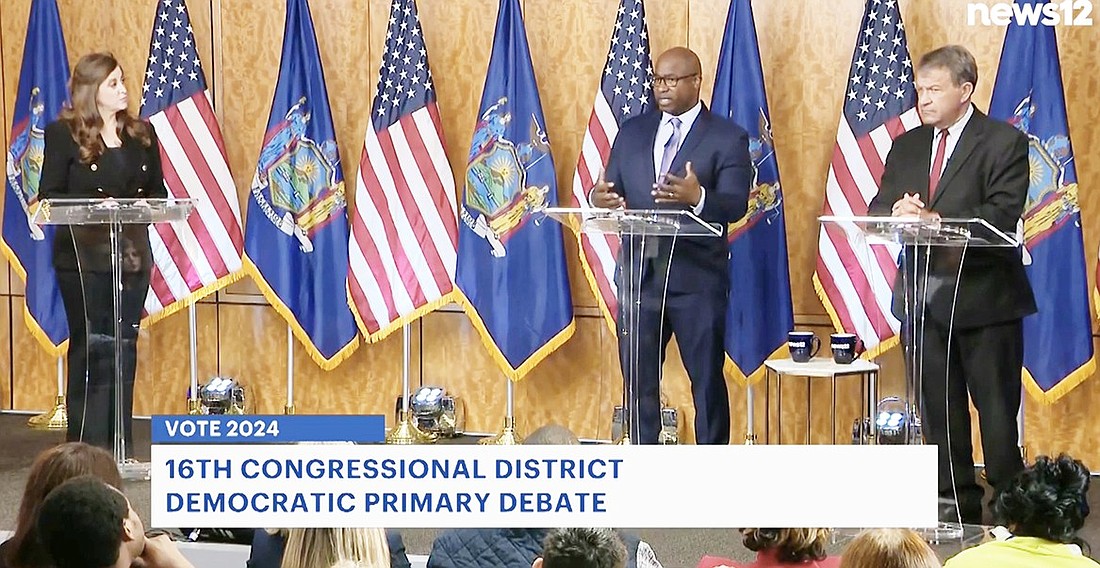 A screenshot from the News12 website of the 16th District Democratic Congressional Primary debate between Congressman Jamaal Bowman and County Executive George Latimer. News12's Tara Rosenblum is the moderator.