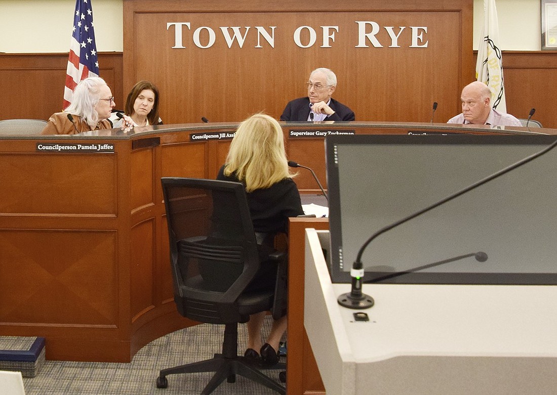 Town of Rye Council members Pam Jaffee (left), Jill Axelrod, Supervisor Gary Zuckerman and Randy Sellier speak during the regular meeting on Thursday, May 16. During the session, a public hearing was opened for the controversial proposition which would start the process of changing the elected receiver of taxes position to an appointed one.