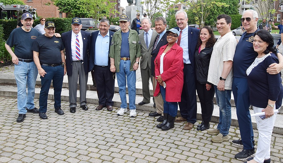 Veterans and Port Chester, Rye Town, County and State elected officials line up for a group shot after the final ceremony at Veterans’ Memorial Park.