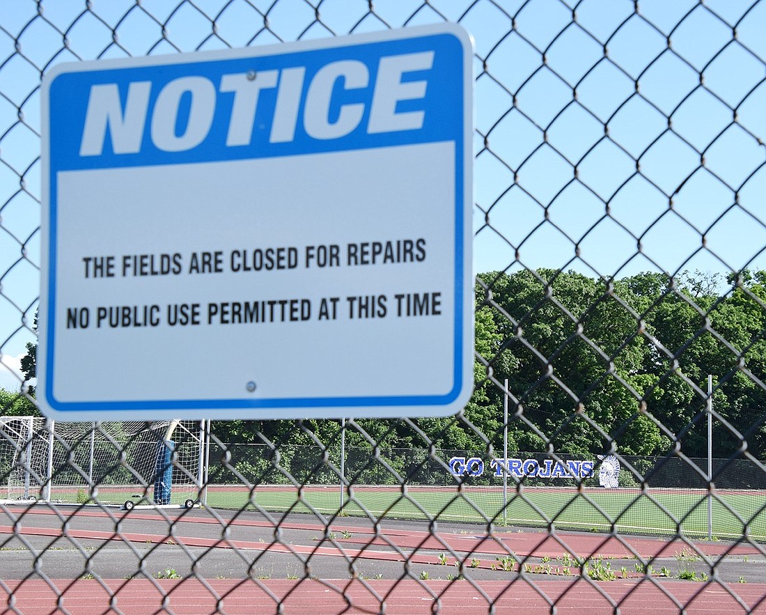 The closed off multipurpose field at Blind Brook High School. After it failed an impact test in March, the Board of Education approved a $937, 900 construction project on Thursday, May 23, to replace the playing area.