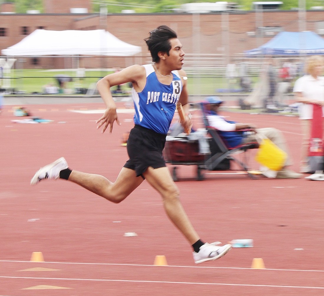 Alejandro Salinas was one of four Port Chester Rams who strode through the 4x400-meter relay and the 4x4-mile relay at the Mount Vernon Memorial Stadium Invitational on Tuesday, May 21.