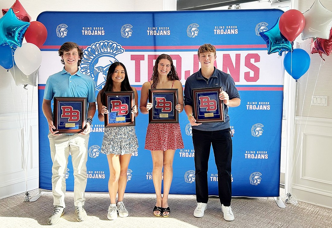 From left, Andrew Rogovic, Kyra Mak, Sydney Goldberg and Seth Low won Blind Brook High School’s top senior athletic awards.