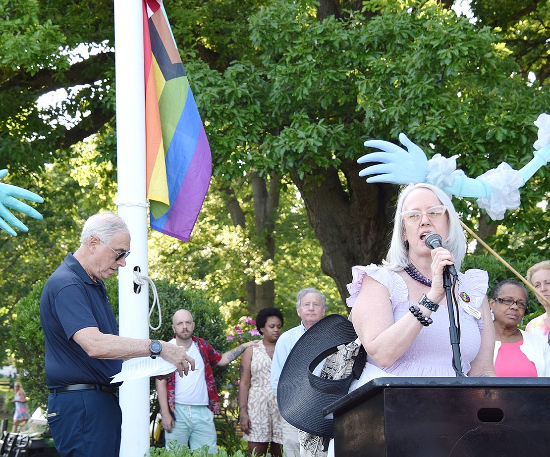 Rye Town Councilwoman Pamela Jaffee, who has played a key role in bringing Pride festivities to the community, speaks during the flag raising ceremony.