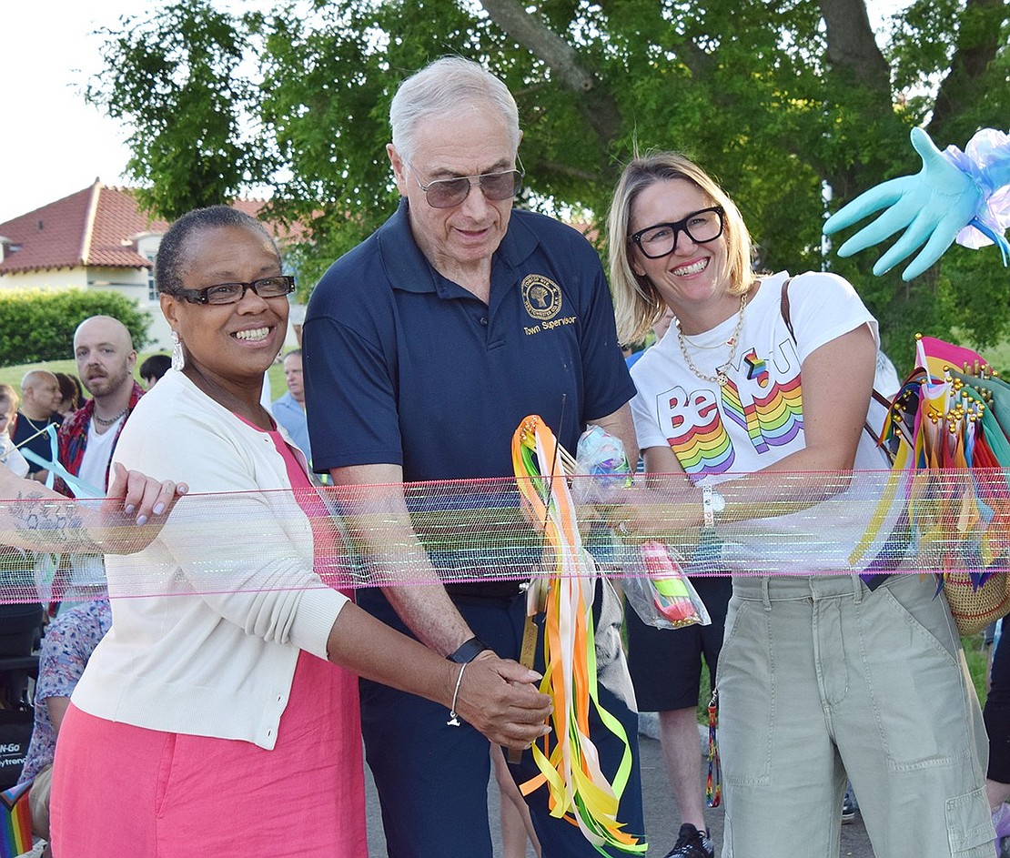 Port Chester Village Trustee Joan Grangenois-Thomas (left), Rye Town Supervisor Gary Zuckerman and pRYEde Co-Chair Amanda Timchak kick off the parade with a ribbon cutting ceremony.