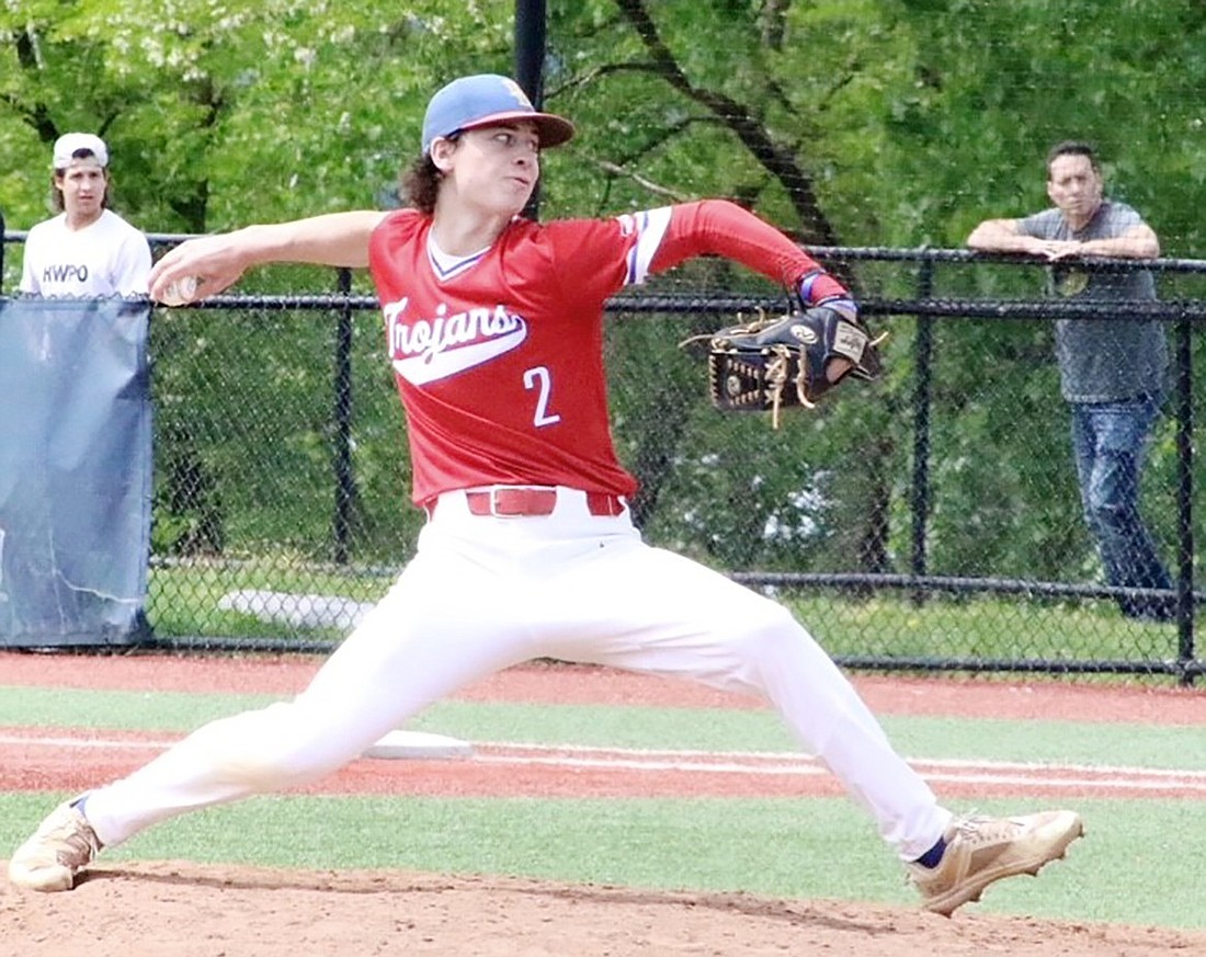 Senior Andrew Rogovic Jr., one of the best pitchers in Blind Brook history, shows the form that helped him pitch four no-hit innings, striking out eight batters and allowing no earned runs, in his final game as a Trojan before having to leave the game with a blister on his pitching hand. Blind Brook wound up losing to Dobbs Ferry 2-0 in the first game of the one-and-done playoffs.