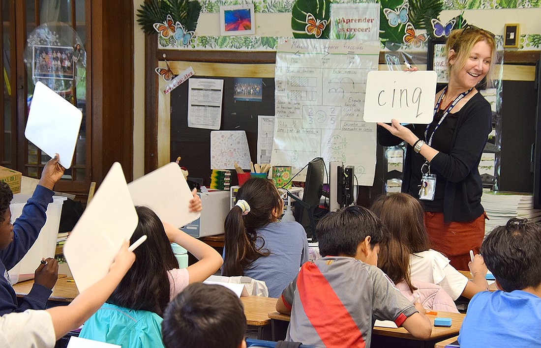 Rebecca Peters, a new Port Chester Middle School World Language teacher hired to reinstate the French program in her building, visits Park Avenue Elementary School on May 15 to instruct the weekly after school FLES (Foreign Language in Elementary School) program.