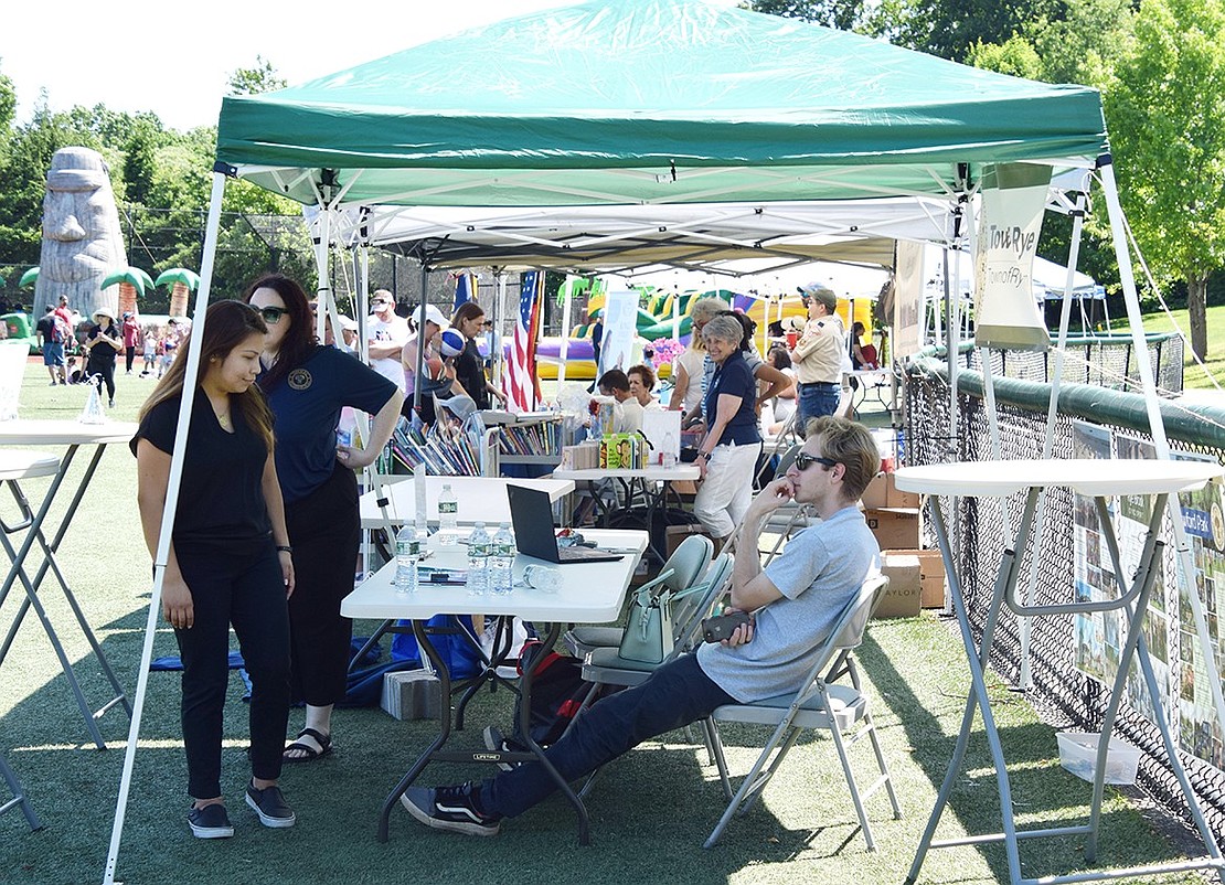 Rye Brook Birthday Party visitors check out vendors lined up along the sides of the athletic field.