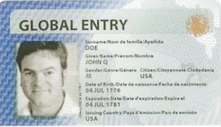 Sample Global Entry Card as supplied by the Department of Homeland Security via Wikipedia.