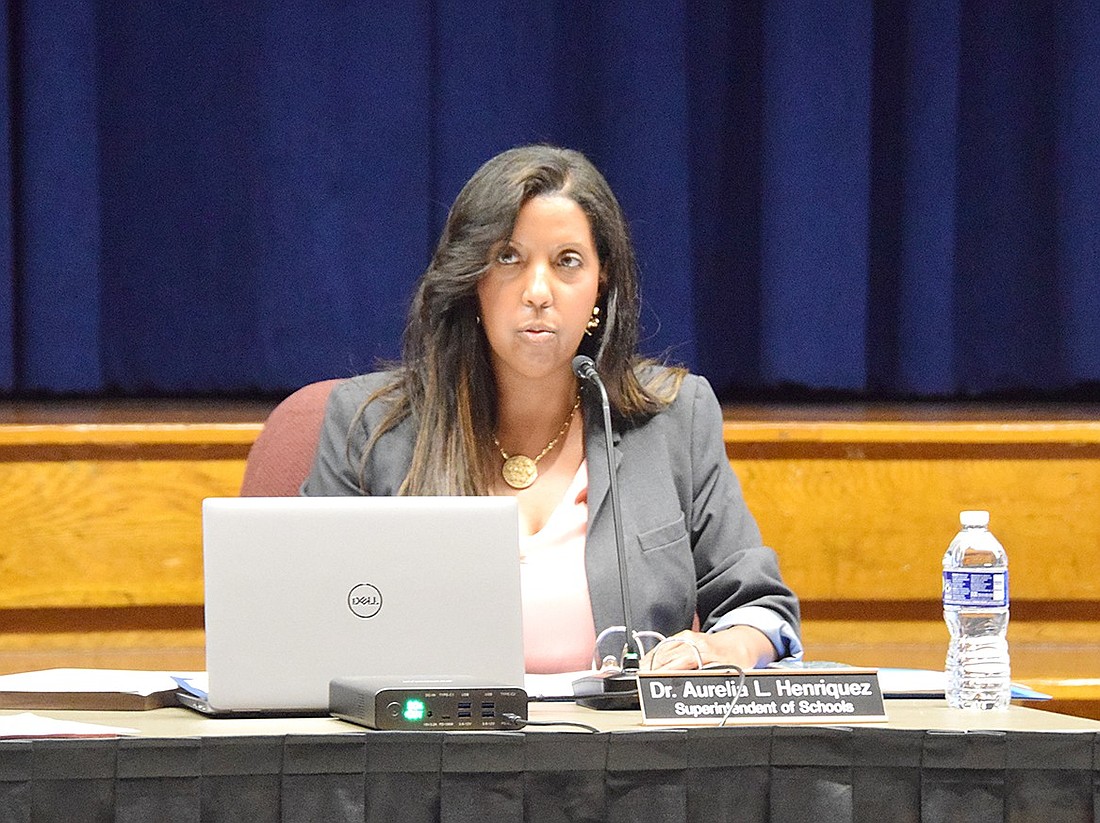 Port Chester Superintendent Dr. Aurelia Henriquez speaks during the Board of Education meeting on Monday, June 24. That night, she was given a 6% raise despite contention amid school trustees.