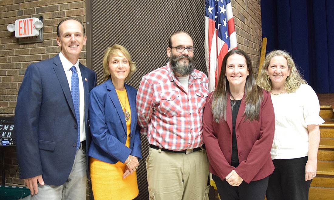 The 2024-25 Port Chester Board of Education poses for a photo after the annual reorganization meeting on Tuesday, July 2, after new leadership was determined. From left: George Ford, Dr. JoAnne Ferrara, Vice President Rob Dominguez, President Chrissie Onofrio and Sharon Burke.