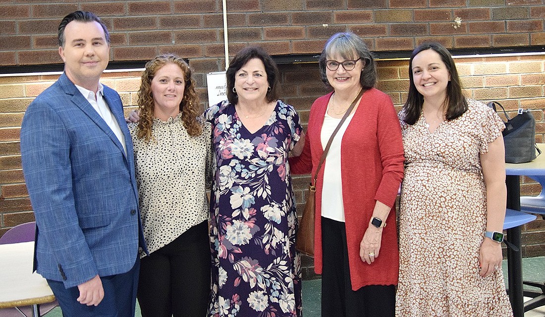 Blind Brook Schools retirees and newly tenured educators pose for a photo before the Celebration of Teaching on June 18 at Blind Brook Middle/High School. From the left: counselor Joseph O’Connor (tenured), special education teacher Barbara Bigler (tenured), second-grade teacher Susan Handsman (retired), kindergarten teacher Helen Kinnen (retired) and technology facilitator Kathryn Gamino (tenured).