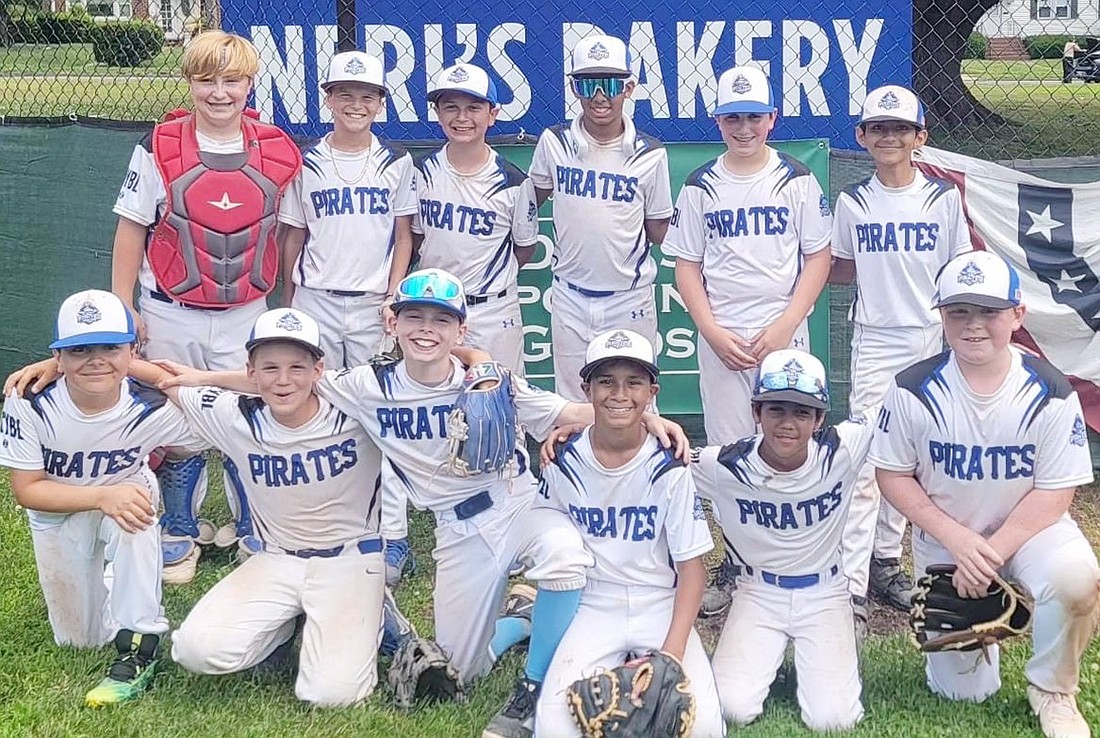 The 11U Port Chester Pirates team after their doubleheader victory over the Old Greenwich-Riverside Community Center squad. Back row, from left: Gavin Quinn, Teddy Hertzmark, Luke Doherty, Kristian Devora, Tyler Albanese, Harsh Patel. Front row, from left: Max Quigley, Aidan Brenzel, Ben Frimere, Lucas Molleturo, Juan Garcia and Mason Quinn.