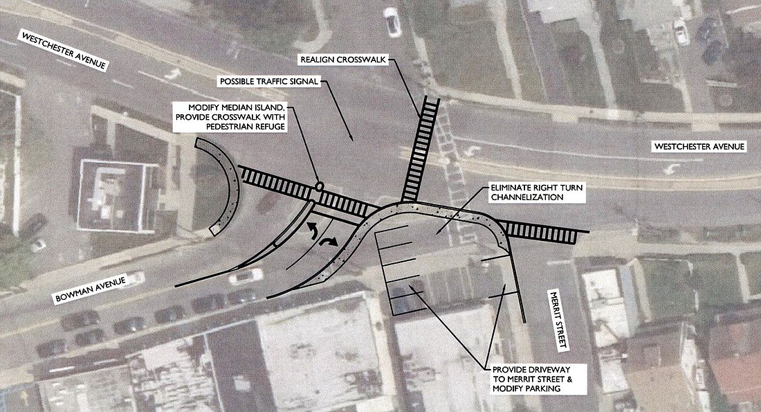 Diagram showing proposed changes to the Bowman Avenue and Westchester Avenue intersection to improve traffic flow as well as motorist and pedestrian safety.