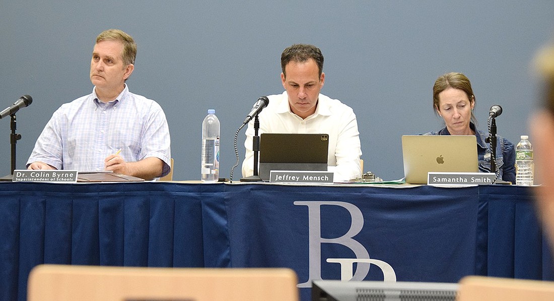 Blind Brook Superintendent Dr. Colin Byrne (left), Board of Education President Jeffrey Mensch and Vice President Samantha Smith listen to public commenters on Wednesday, Aug. 7, during a town hall hosted to garner feedback about the district’s upcoming bond proposal.