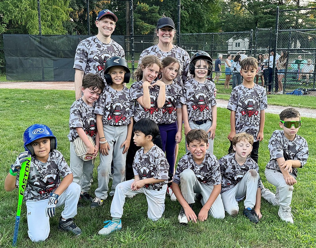 The Rye Brook Rookie Rebels Gray team. Back row, from left: Spencer Hyman, Matteo Stone, Emilia Hyman, Mallory Grumm, Oliver Andruk, AJ Goldberg. Front row, from left: Charlie Rosenberg, Miles Chu, Santiago Arbesu Neira, Jonah Fix and Spencer Dancyger. Coaches: David Hyman and Danielle Grumm.