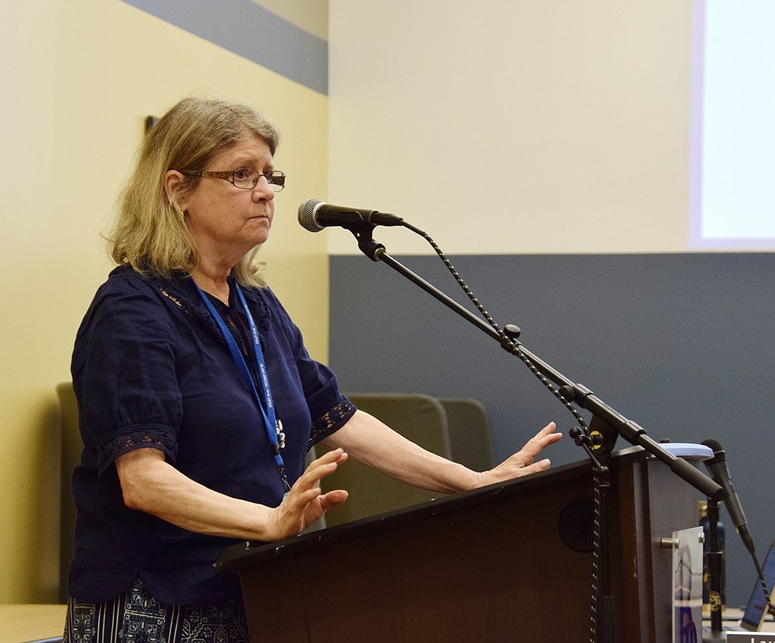 Blind Brook Assistant Superintendent of Finance and Facilities Laurie Baum speaks about the potential bond projects on the table during a town hall meeting on Tuesday, Aug. 20. The Board of Education will vote to approve a proposal on Aug. 28, with a referendum being put before voters on Oct. 22.