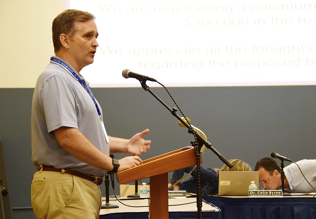 Blind Brook Superintendent Dr. Colin Byrne gives a bond proposal presentation at the Board of Education meeting on Wednesday, Aug. 28, outlining how the district will be asking voters to approve an $18.3 million loan on Oct. 22.