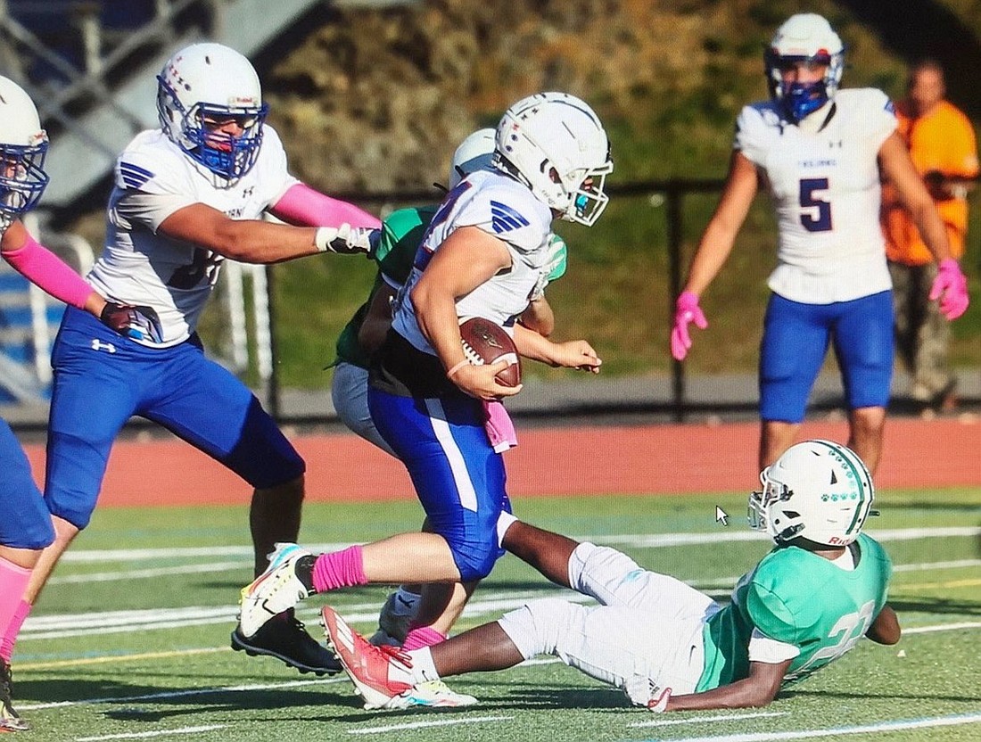 Senior running back and defensive lineman Carmine Casino (with ball) is the biggest Blind Brook name to watch on the merged Edgemont-Blind Brook football team this year.